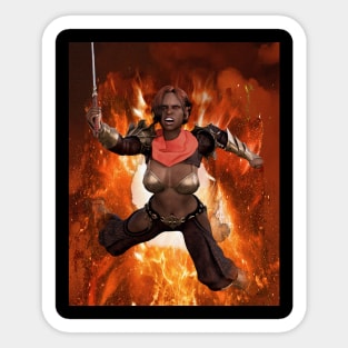 Warrior woman girl princess leaping from flames sword and armor Sticker